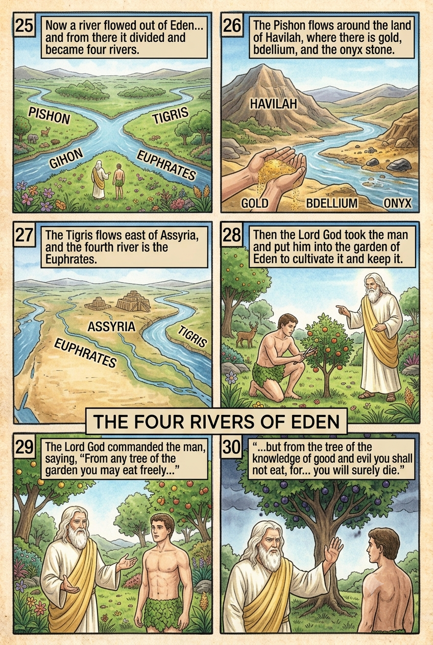 Genesis 2 illustration: The Four Rivers & The Forbidden Tree