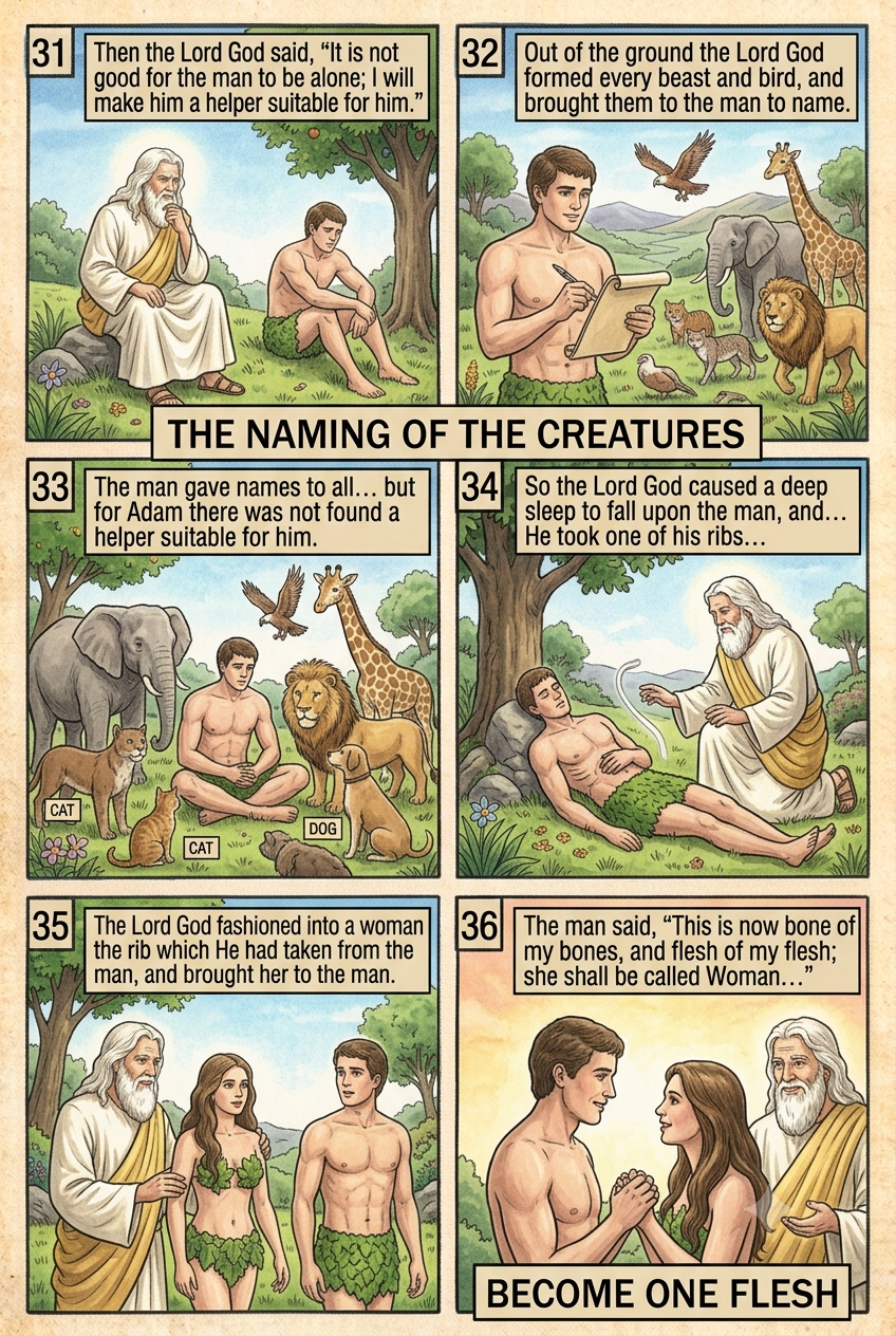 Genesis 2 illustration: The Naming of the Creatures & One Flesh